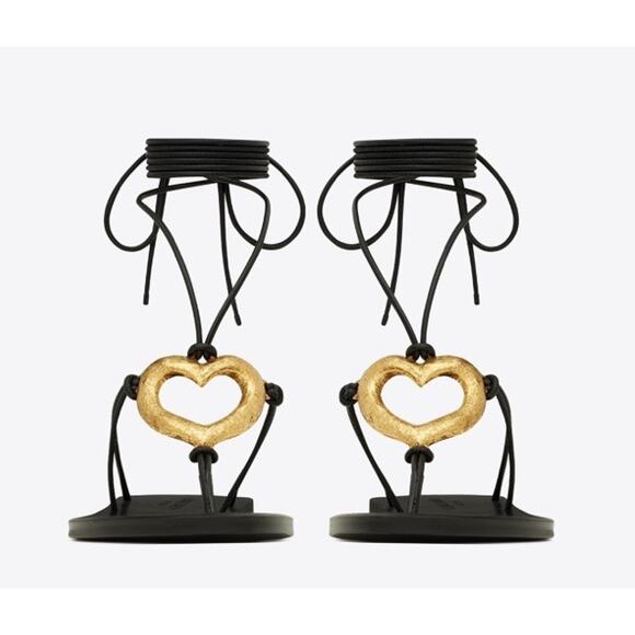 Saint Laurent Love Gold Heart EU 37 US 7 Gladiator Sandals Black Leather NIB - Picture 2 of 9